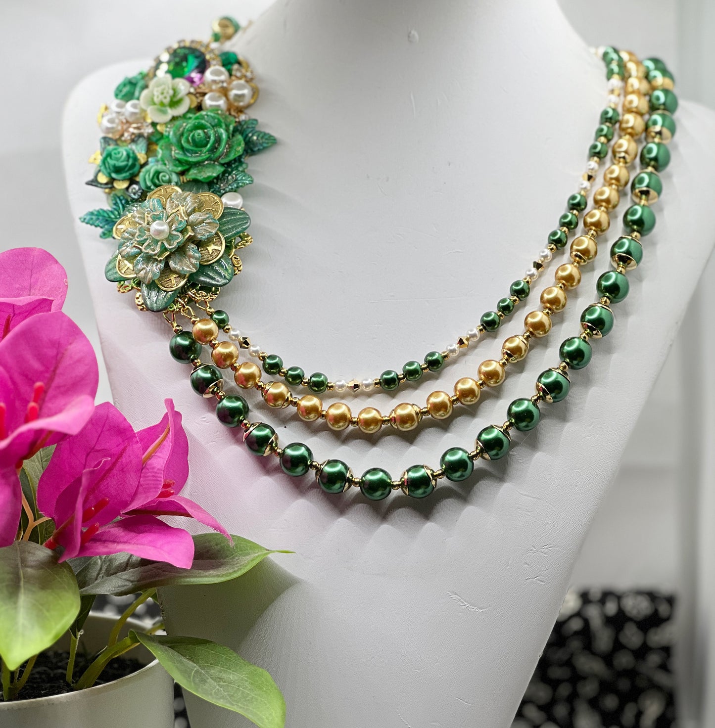 Floral Statement Necklace - Green and Gold