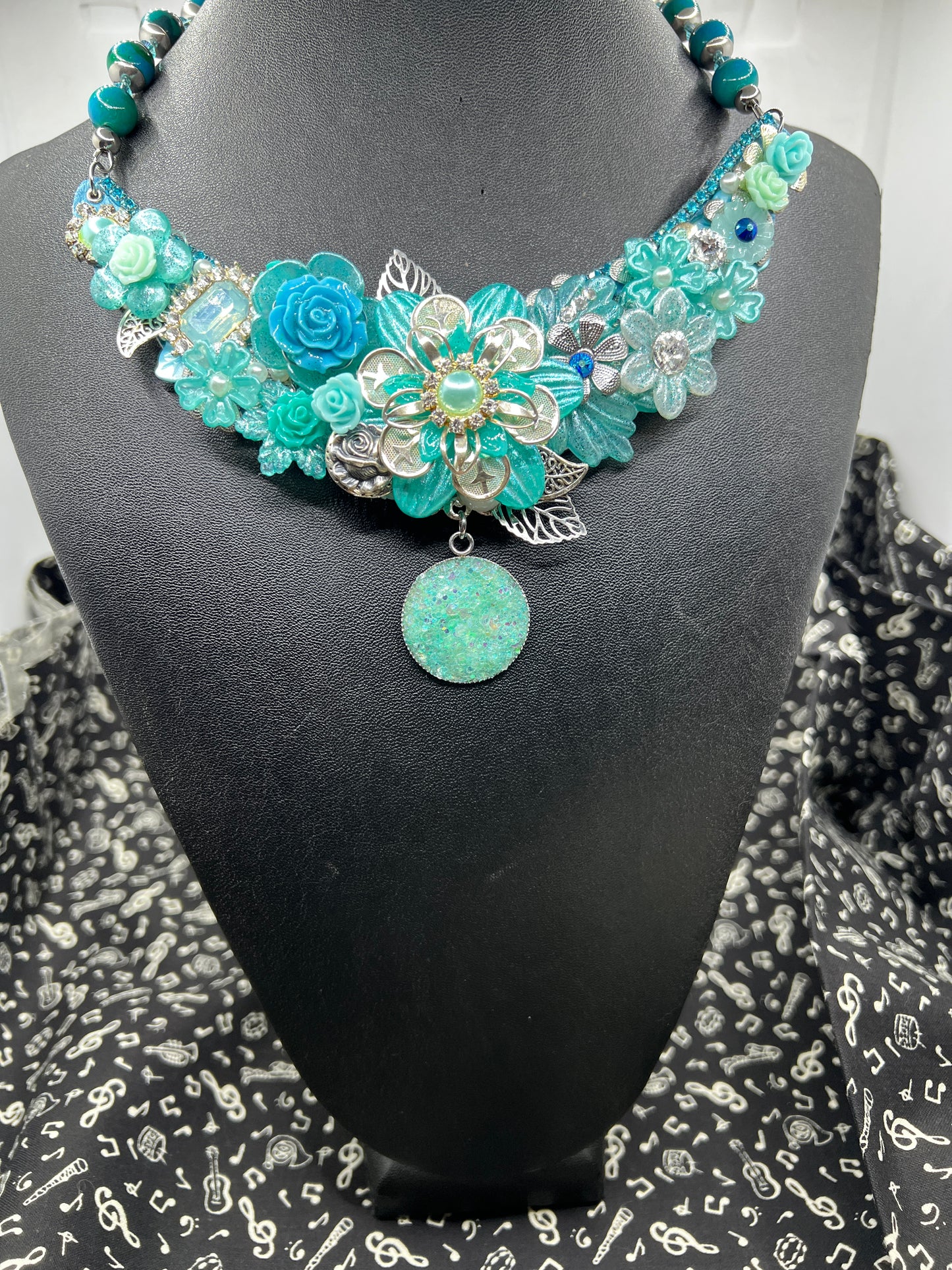 Statement Floral Collar Necklace, Aqua