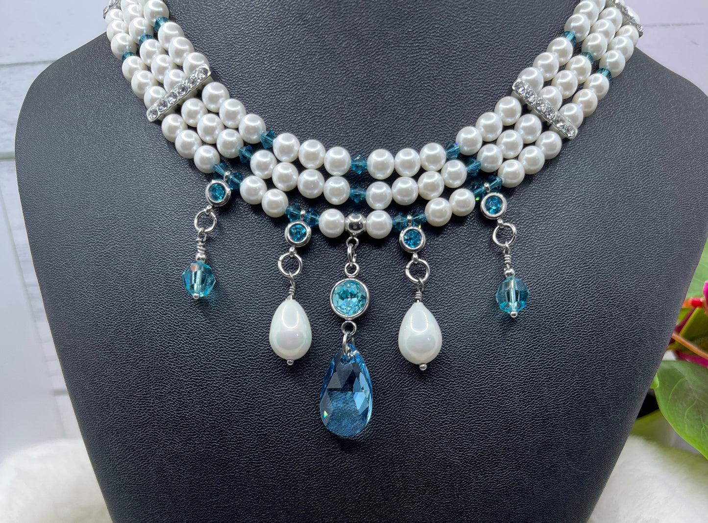 Pearl and Aqua Crystal Multi-Strand Choker