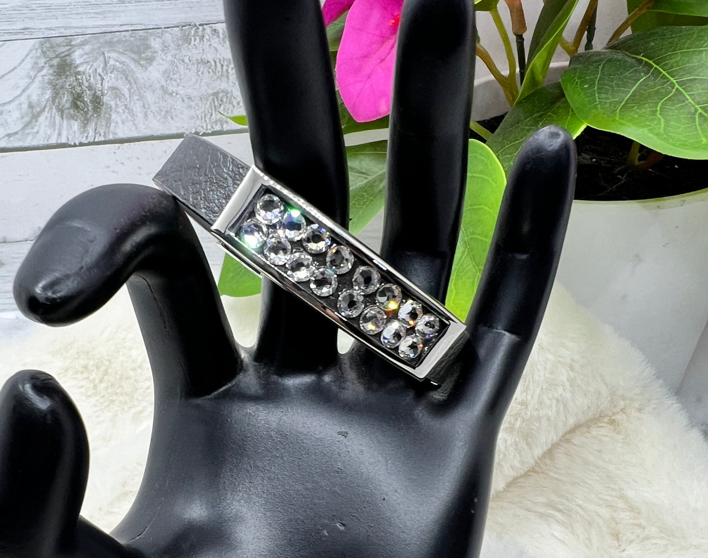 Crystal and Faux Leather Bracelet - Gray and Clear