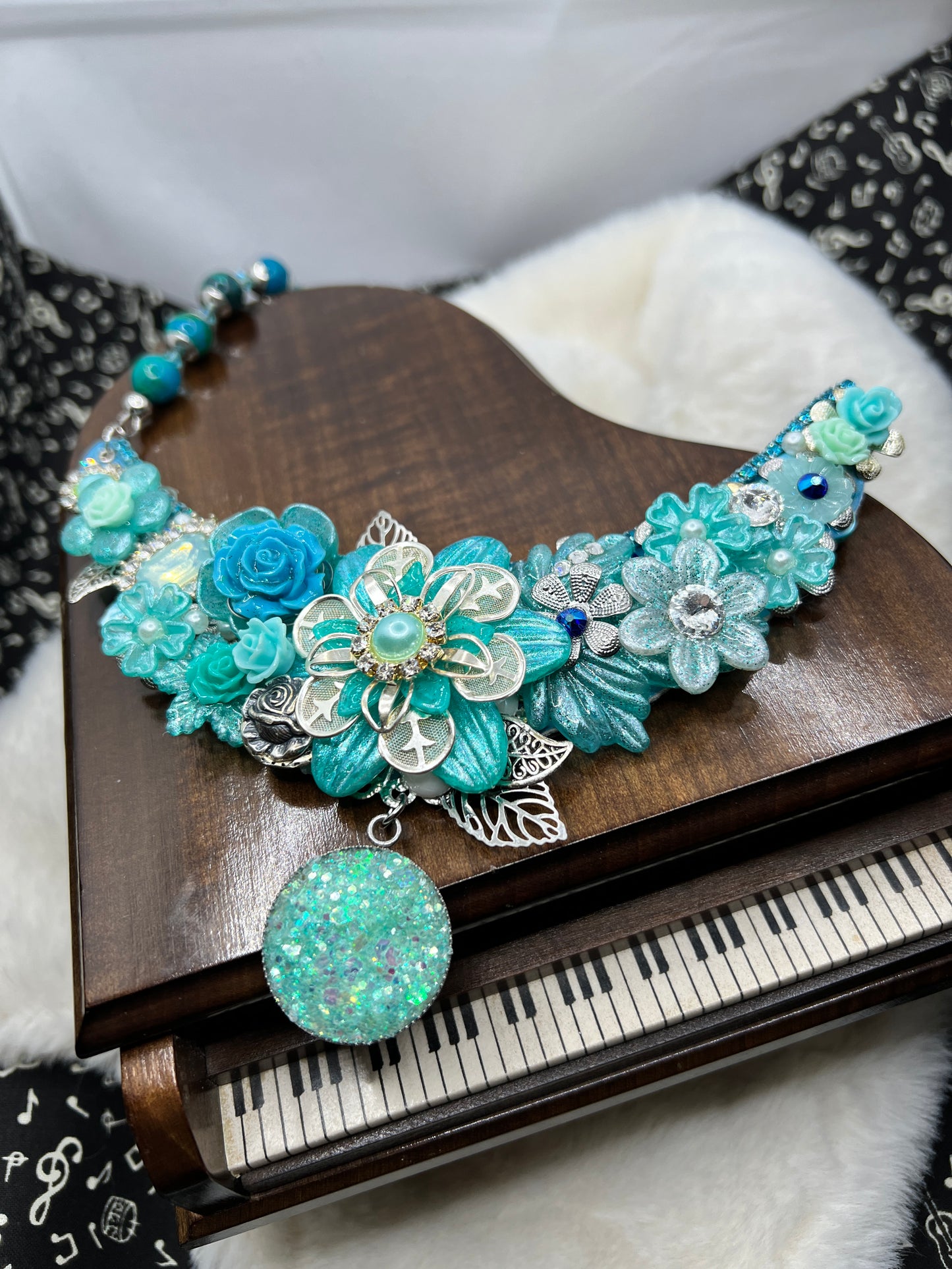 Statement Floral Collar Necklace, Aqua