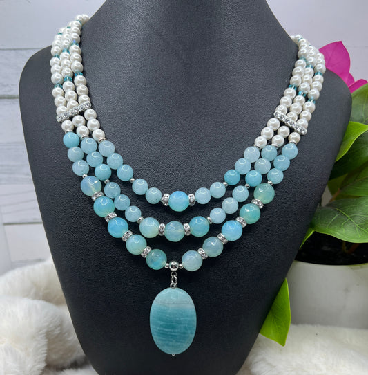 Amazonite and pearl 3-strand necklace