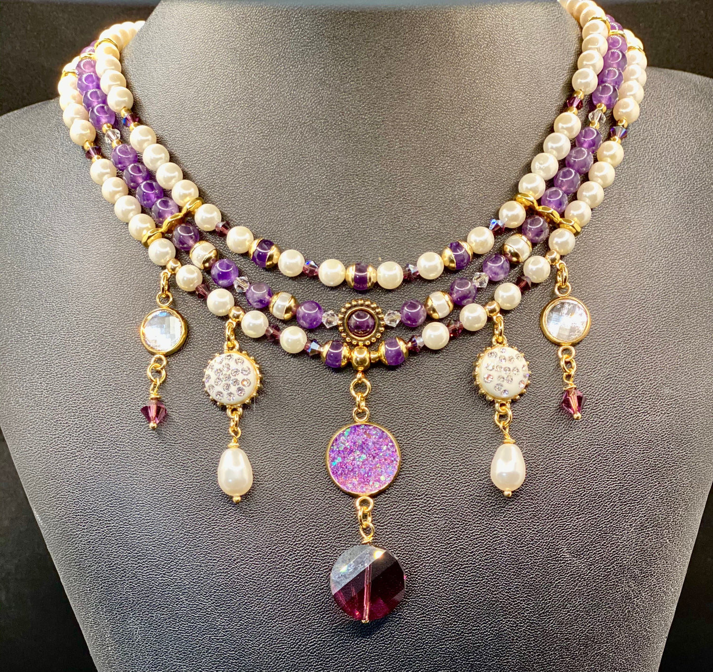 Trio Statement Necklace, Amethyst and Pearl